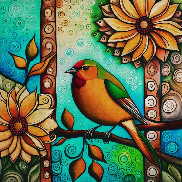 Brightly colored little bird on a branch by Jan Keteleer (JanKé): A Journey Beyond the Canvas