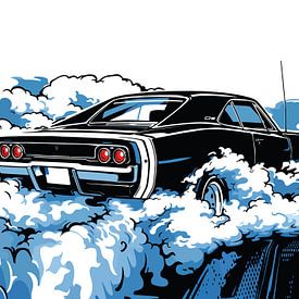 Retro Black Muscle Car Rear Pop Art Portrait by Ramy Salah Hefny