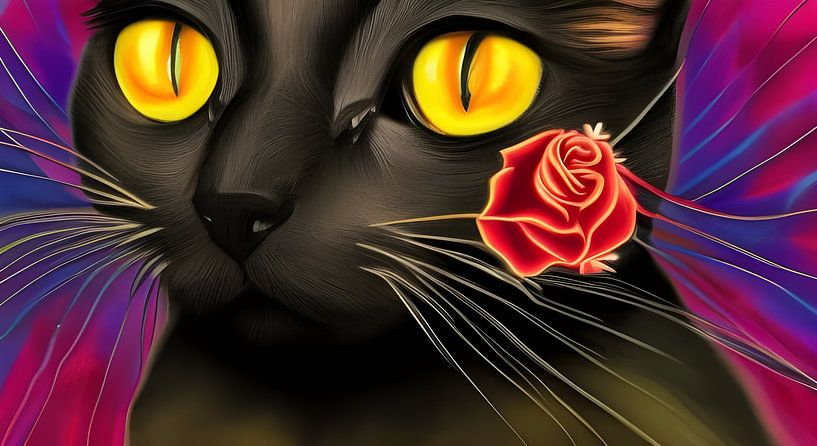 Black cat Abstract with Rose by Betty Maria Digital Art