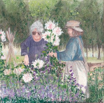 Sommerabend: Blumen pflücken im Garten der Mutter. von moments in watercolors