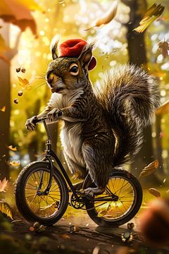 Eekhoorn op fiets in herfst van Imperial Art House