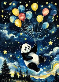 A Panda Flying With Colorful Balloons - Starry Night
