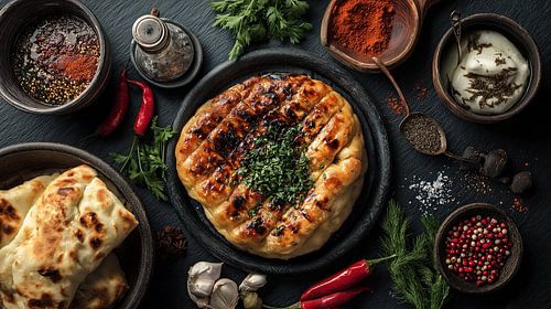 Traditionele Turkse gerechten met kruiden en platbrood