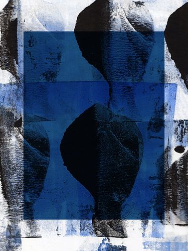 Abstracte organische vormen in zwart, wit, blauw.