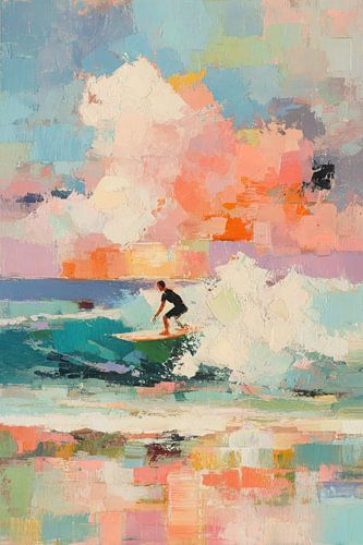 Surfers in pastelkleurige golven