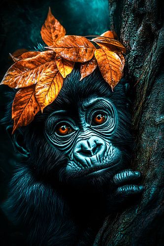 Gorilla met oranje bladeren