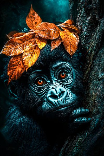 Gorilla mit orangefarbenen Blättern von Art & Soul Creations