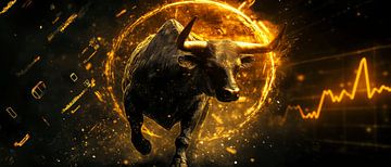 Bull met een dynamische achtergrond - Finance van Poster Art Shop