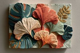 Ginkgo Balans – Relief botanique en 3D avec des tons terracotta et vert saule