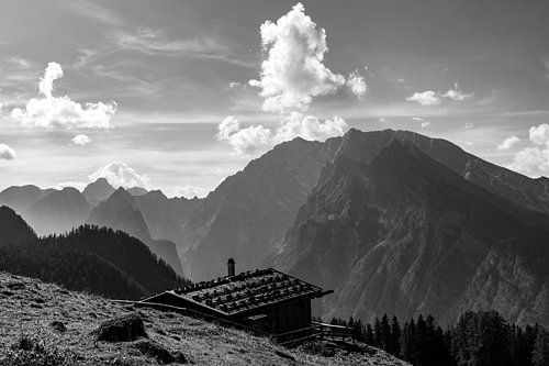 The Priesbergalm with the Watzmann, black and white