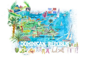 Geïllustreerde reiskaart Dominicaanse Republiek met wegen en hoogtepunten van Markus Bleichner
