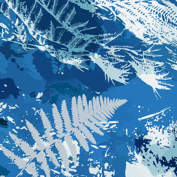 Abstract Botanical in blue, grey, white. Fern leaves. by Dina Dankers