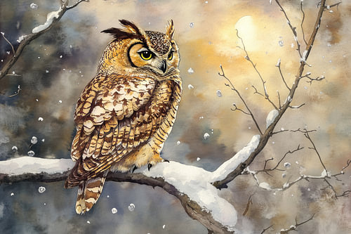 Hibou grand-duc dans la lueur dorée de l'hiver