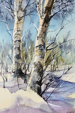 Berkenbomen in de sneeuw Aquarel van Lineke Lijn