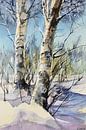 Berkenbomen in de sneeuw Aquarel van Lineke Lijn thumbnail