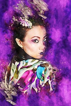 Portret van een geisha (mixed media, paars) van Art by Jeronimo