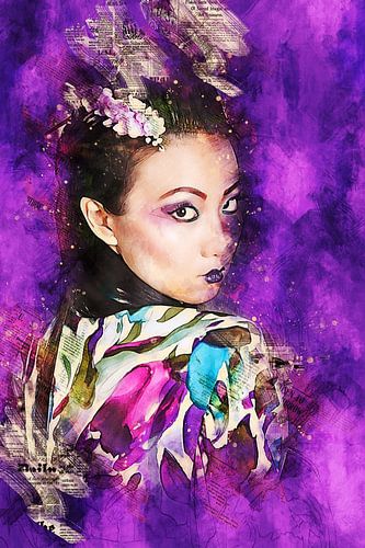 Portrait of a geisha (mixed media, purple)