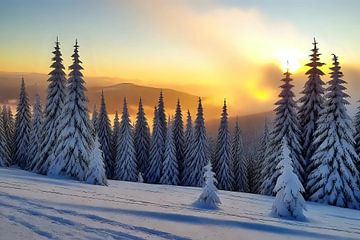 Silhouettes de sapins au coucher du soleil