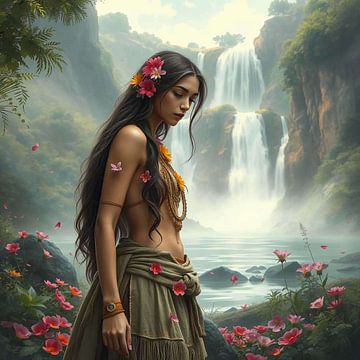 Ethereal Flow - woman by waterfall in dreamy nature portrait by Kleurenrijk