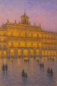 Plaza Mayor in Salamanca zur blauen Stunde – Spanische Renaissance-Architektur Impressionistische Kunst