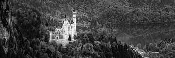 Panorama van het kasteel Neuschwanstein in Zwart-Wit