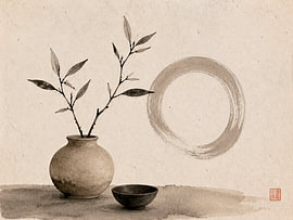 Wabi-Sabi Stilleven met tak in keramische vaas en zen-cirkel van Studio Pieternel
