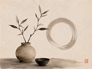 Nature morte Wabi-Sabi avec une branche dans un vase en céramique et un cercle zen