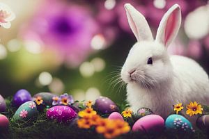Süßer weißer Osterhase mit Ostereiern Illustration 02