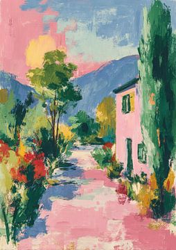 Maison rose dans un paysage vallonné en été sur Niklas Maximilian