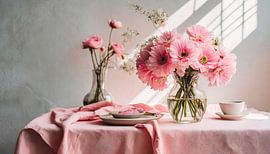 Vaas met bloemen en stof