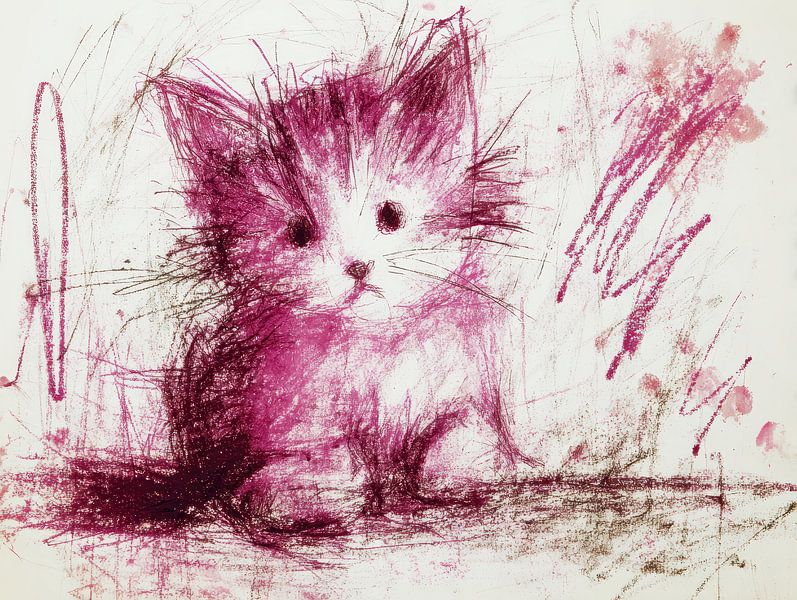 Roze Kitten - Speelse Kindertekening vol Kleur en Karakter van Peter Pen tekeningen en schilderijen