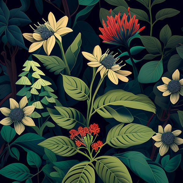 Weiße und rote Blumen mit grünen Sträuchern von Vythryd Arts