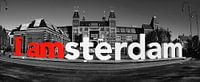 I Amsterdam bij het Rijksmuseum in Amsterdam in zwart wit