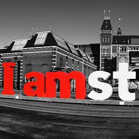 I Amsterdam at the Rijksmuseum in Amsterdam in black and white
