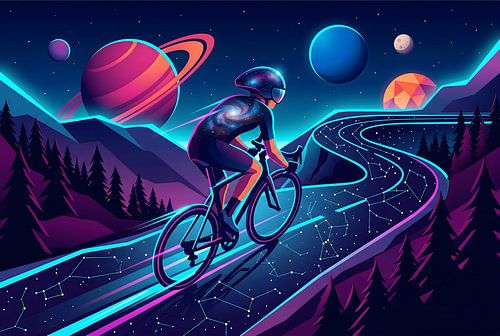 Kosmische fietser op reis over een neonsterrenweg