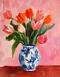 Tulips in an Old Blue and White Porcelain Vase by Thea