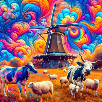 Holländische Mühle mit Kühen und Schafen. Surreal