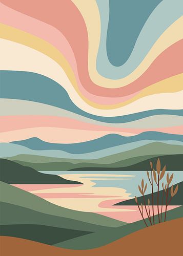 Une illustration vectorielle minimaliste et moderne de style milieu du siècle représentant des collines aux tons pastel, un lac et un ciel ondulé