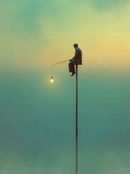 Surrealistisch schilderij van man die vist naar licht