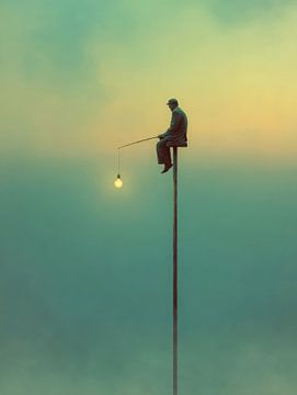 Surrealistisch schilderij van man die vist naar licht van But First Framing