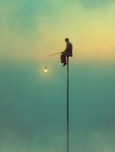 Peinture surréaliste d'un homme pêchant la lumière
