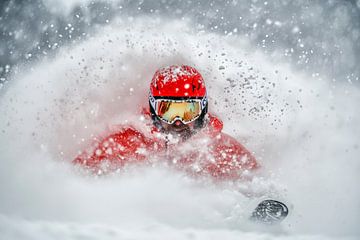 Skiërs op avontuur in diepe sneeuw van Poster Art Shop