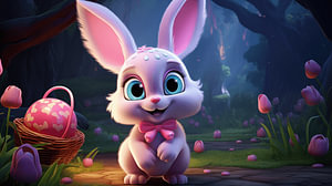 Rosa Osterhase mit Ostereiern 3d Cartoon, Illustration Kunst Design