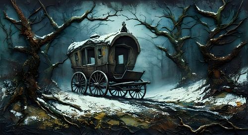 Woonwagen in het winterse bos