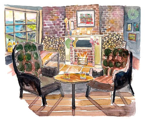 Cozy bar on the coast with fireplace and view