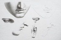 Old head study in various positions in black and white,