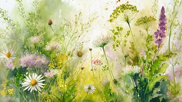 Botanisch schilderij: Veldbloemen en grassen in de berm van Studio Pieternel