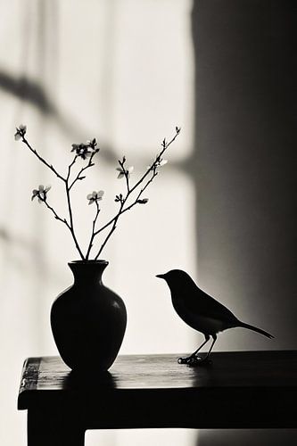 Vogel en bloemen in silhouet