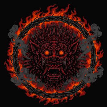 Balinesischer Barong brennt im Höllenfeuer