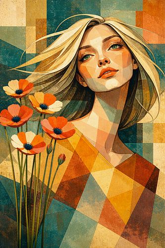 Portrait féminin géométrique moderne avec des fleurs sauvages